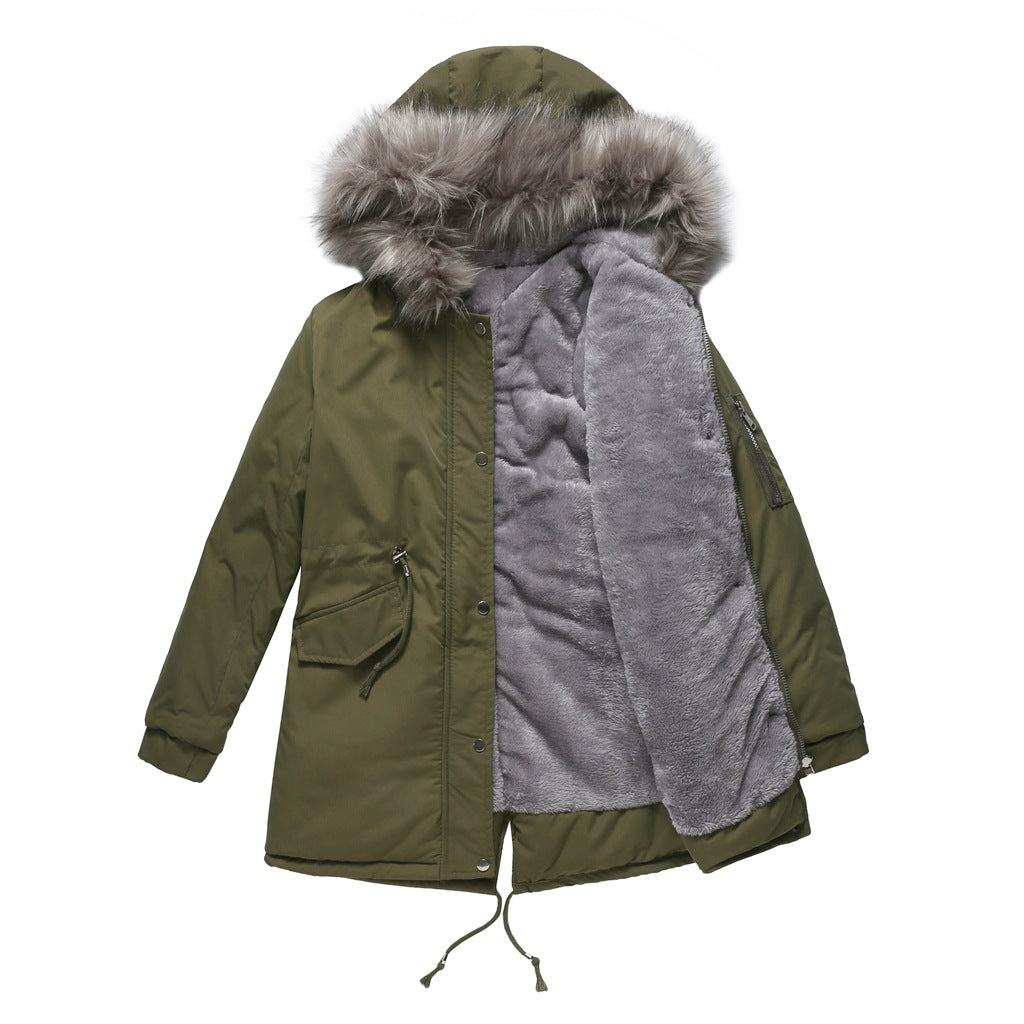 Polina | Parka Hood Velvet Lined Warm Mid-Length Cotton Jacket