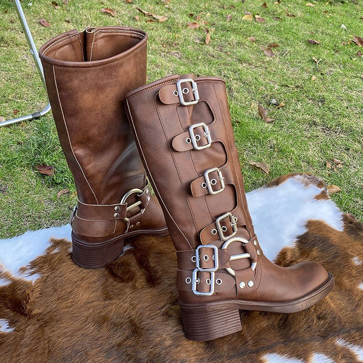 Riza | Retro Brown Boots with Buckle Detail