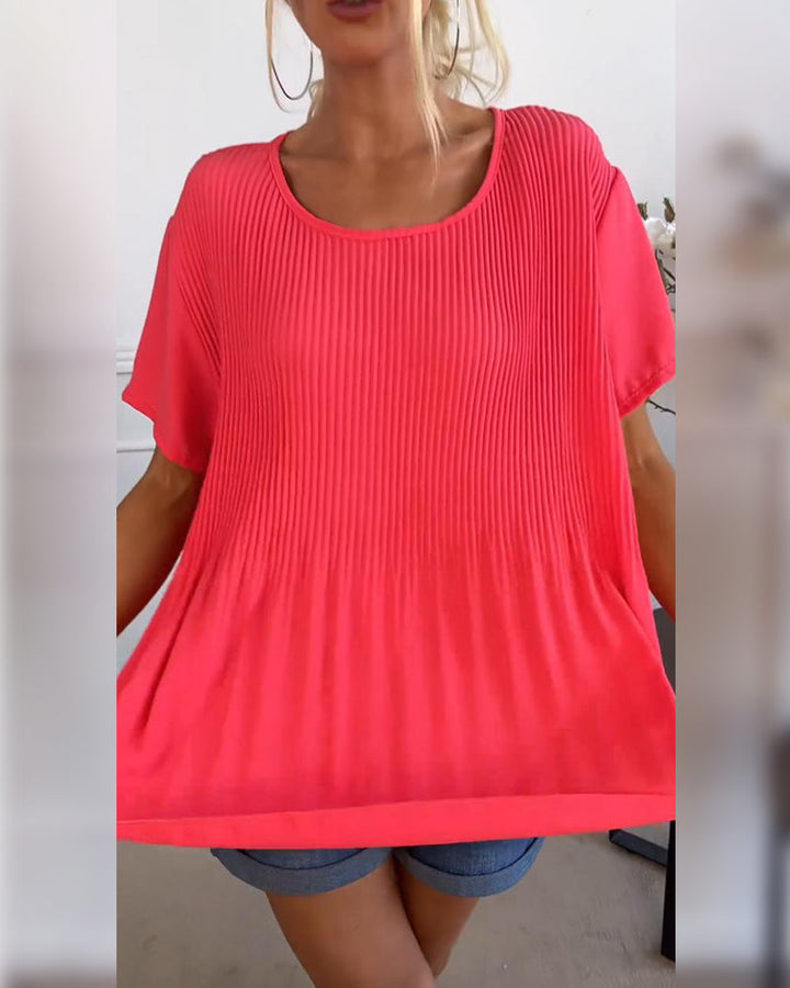 Elena | Plain Pleated Blouse with Round Neckline