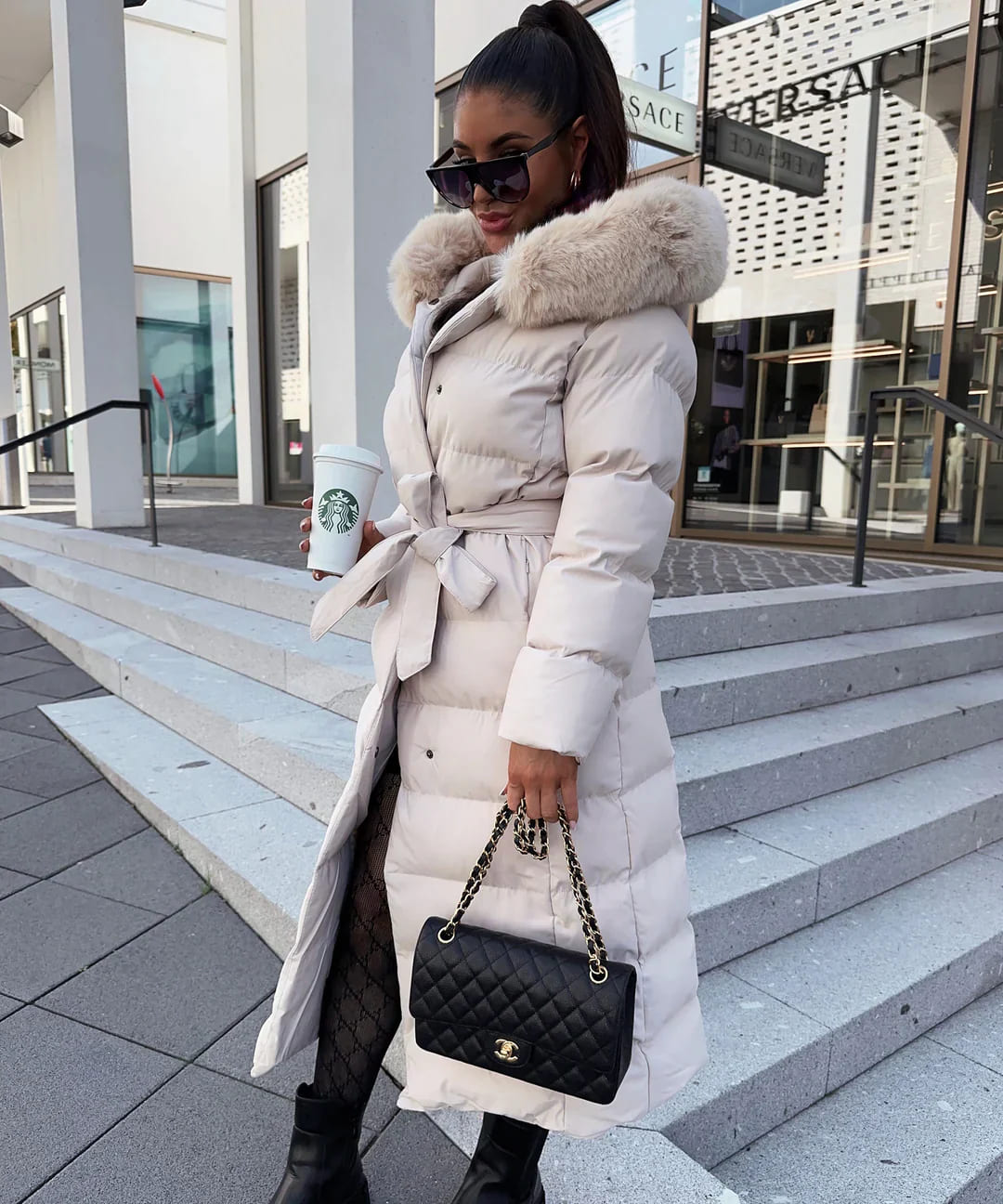 Alyana | Stylish Synthetic Down Winter Jacket with Faux Fur Hood