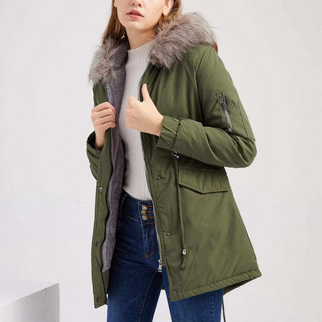 Polina | Parka Hood Velvet Lined Warm Mid-Length Cotton Jacket