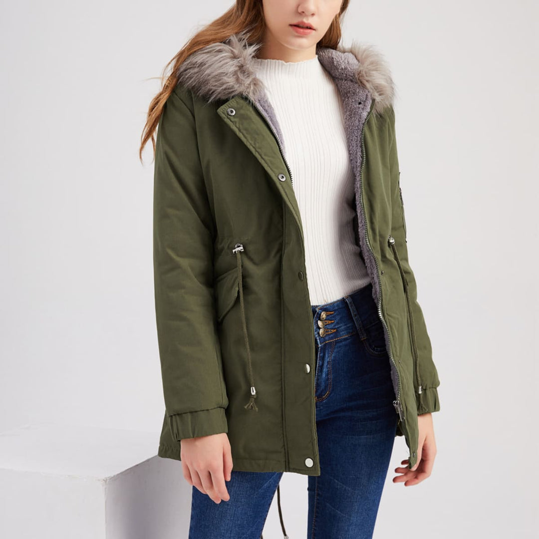 Polina | Parka Hood Velvet Lined Warm Mid-Length Cotton Jacket