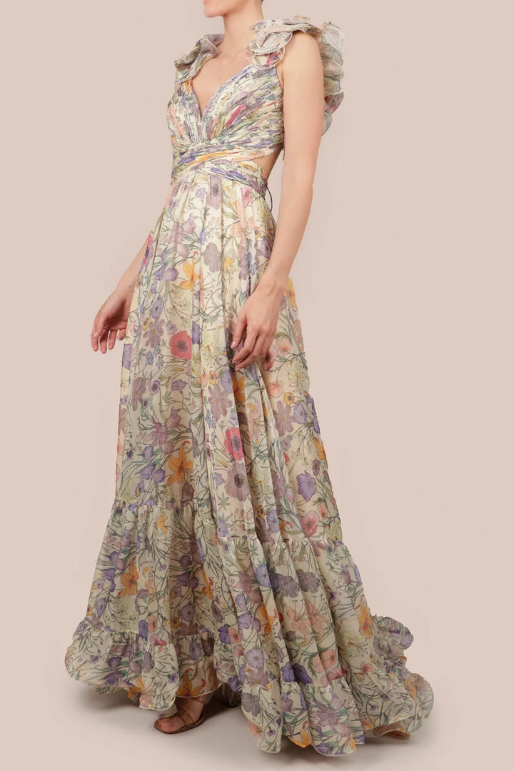 Mirela | Floral Pleated Backless Lace-Up Maxi Dress