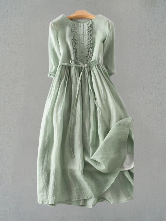 Aria | Retro Round Neck Dress with Waist Tie