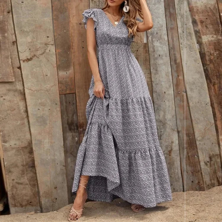 Zaraia | Bohemian V-Neck High Waist Maxi Dress