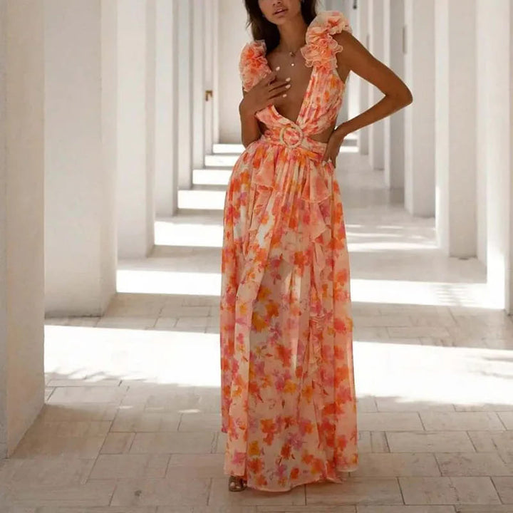 Evadne | Elegant Floral V-Neck Ruffle Maxi Dress