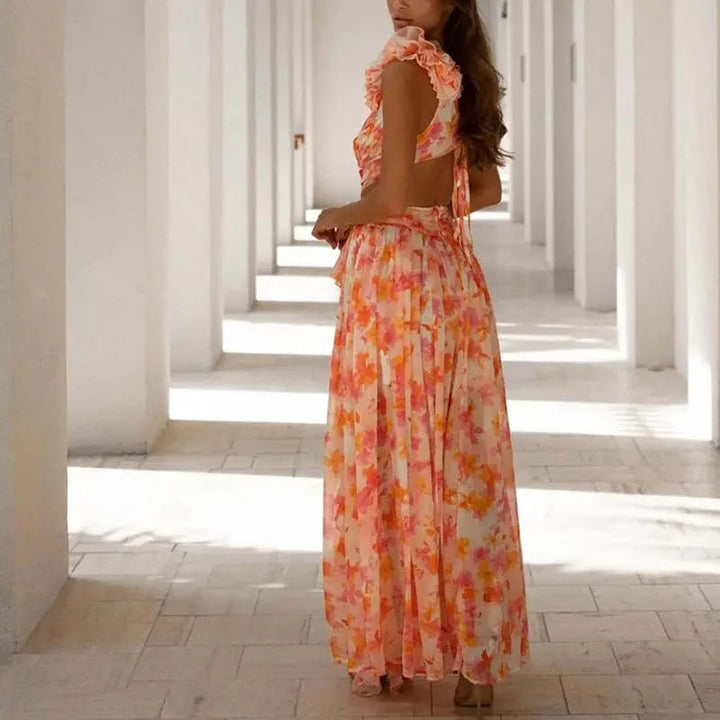 Evadne | Elegant Floral V-Neck Ruffle Maxi Dress