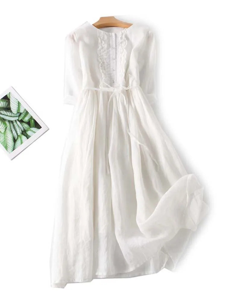 Aria | Retro Round Neck Dress with Waist Tie