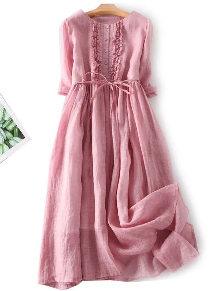 Aria | Retro Round Neck Dress with Waist Tie