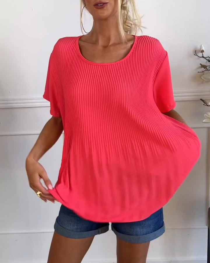 Elena | Plain Pleated Blouse with Round Neckline